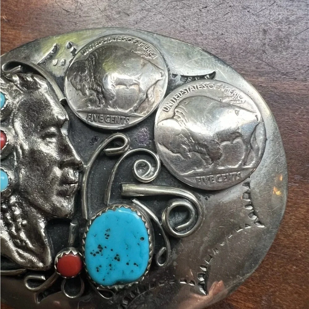 Indian Chief Buffalo Nickel Silver Tone Turqoise & Red Coral Belt Buckle - Picture 3 of 8